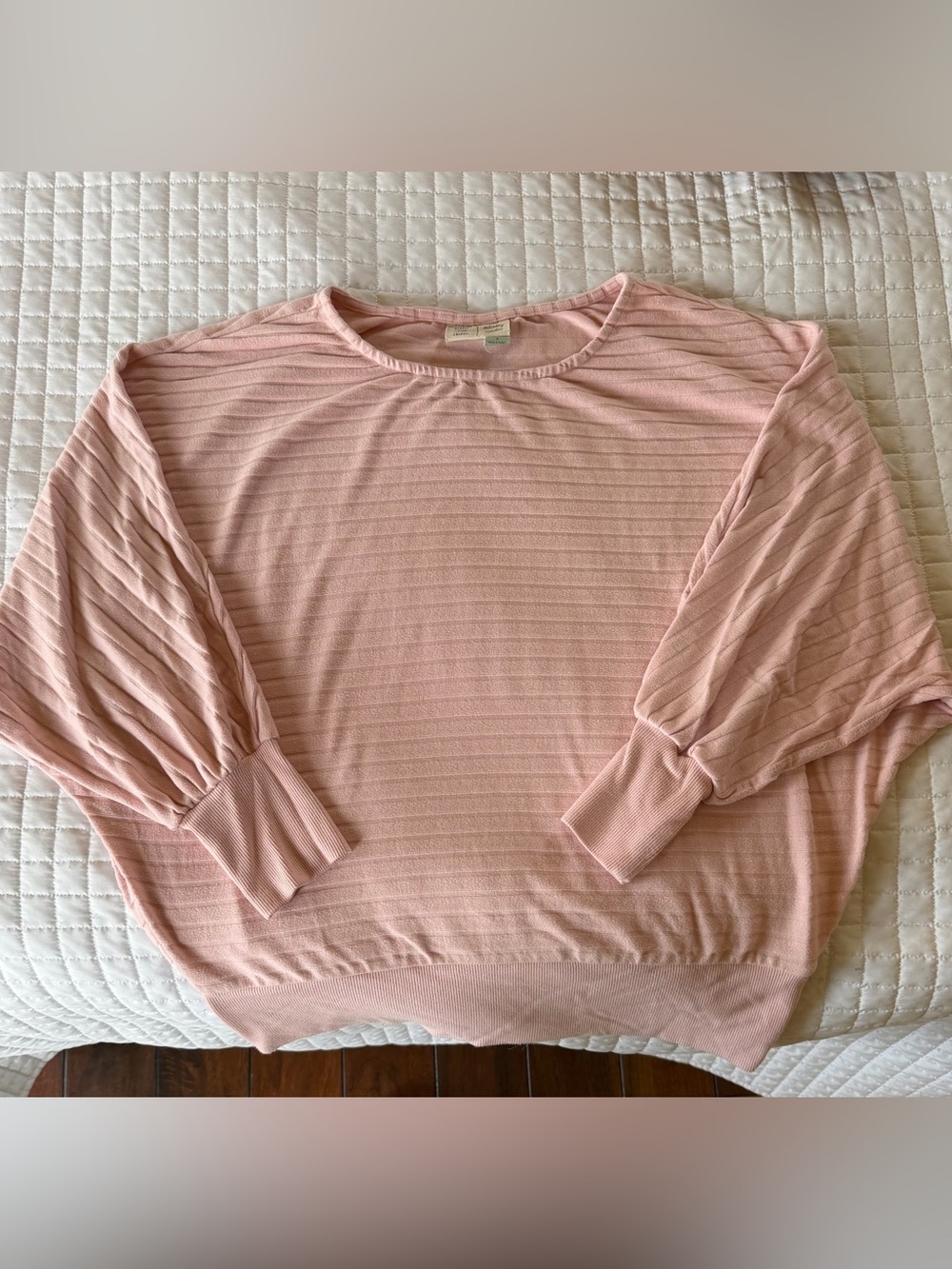 Women's Blush Pink Ribbed Balloon-Sleeve Pullover Sweatshirt